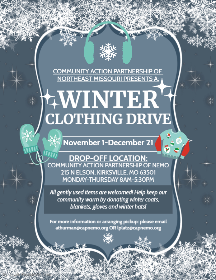 Coat drive information on blue background with snowflakes